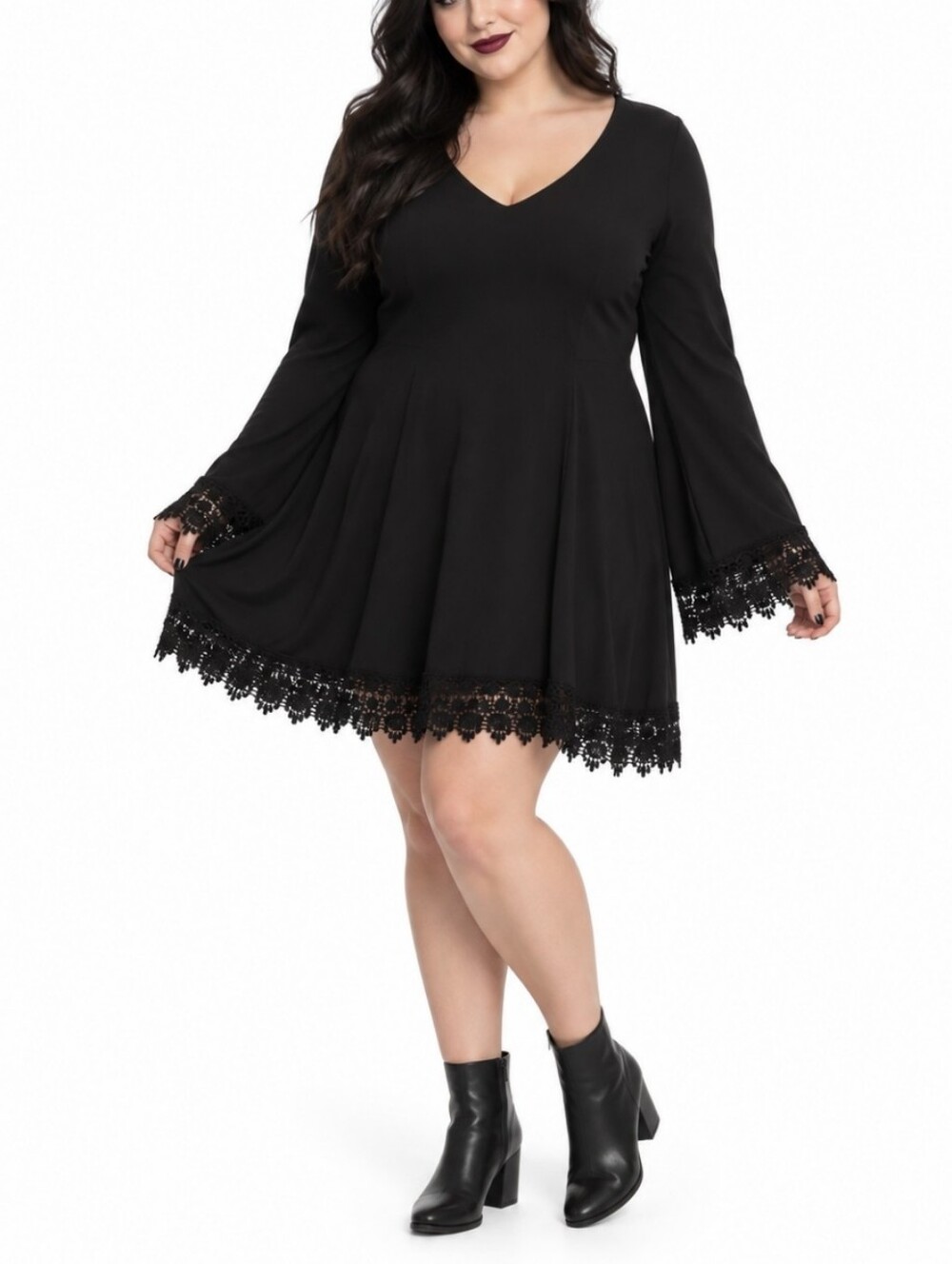 Hot Topic Solid Black Witchy Whimsigoth Crochet Lace Bell Sleeve Dress XL